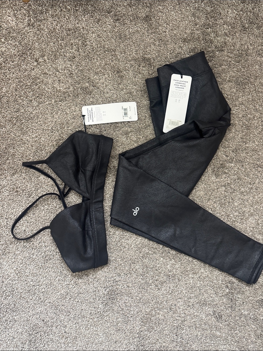 ALO Yoga Black Faux-Leather Bralette & Leggings Set